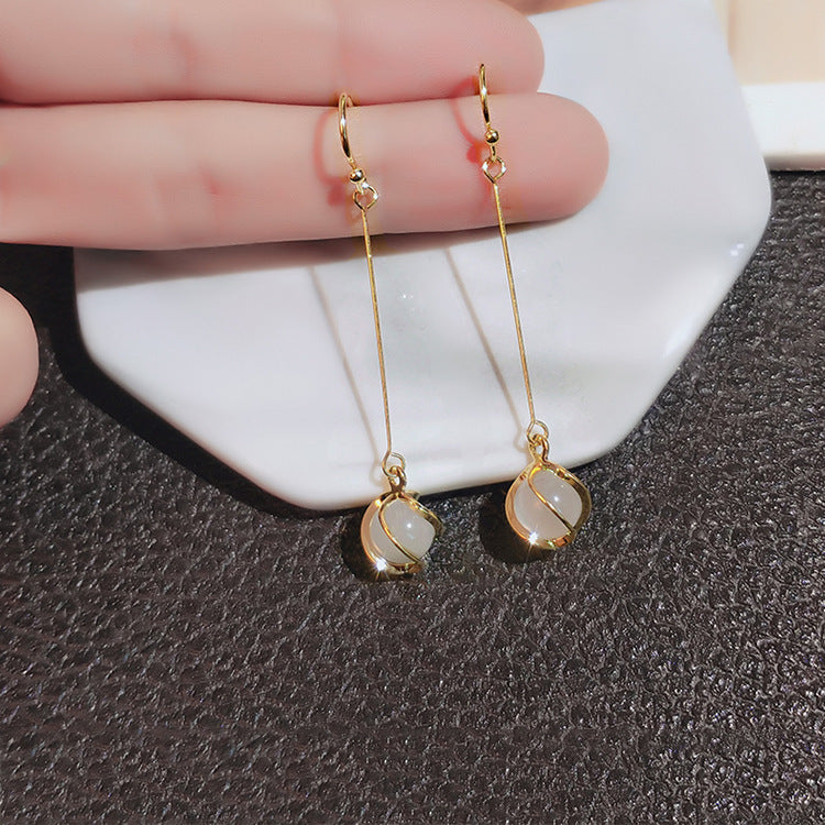 Wholesale Silver Needle Cat's Eye Tassel Long Earrings